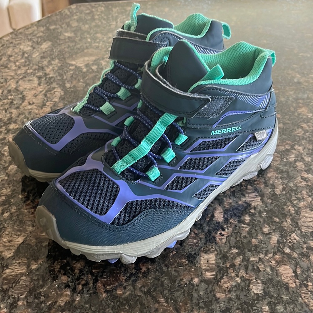 Kids Merrell Moab Mid Hiking Shoes - Waterproof -  Turquoise/Purple/Gray